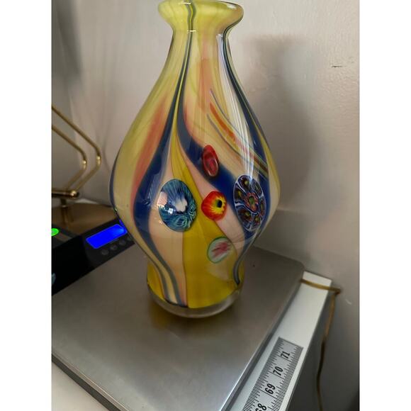 Vintage Murano Hand Blown Yellow Glass Vase Large Millefiori Art Glass - Picture 5 of 13